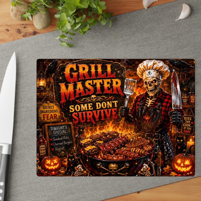 May include: A rectangular cutting board featuring a skeleton chef in a toque holding a knife and spatula over a grill. The text reads GRILL MASTER SOME DON'T SURVIVE, SECRET INGREDIENT: FEAR, and TONIGHT'S SPECIAL: Smoked Ribs, Charred Burgers, Regret.