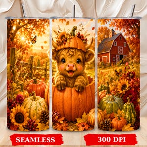 May include: A cylindrical tumbler featuring a wrap-around autumn scene with a fluffy highland cow sitting inside a large pumpkin, surrounded by orange pumpkins, sunflowers, red berries, pinecones, and a red barn under a golden sunset sky.