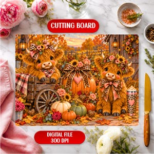 May include: A rectangular cutting board featuring a digital illustration of two fluffy highland cows with floral headpieces and leopard print bows, sitting beside a large pumpkin, smaller pumpkins, and autumn foliage in a rustic farm setting.