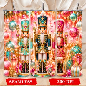 May include: A cylindrical tumbler featuring a repeating Christmas design with nutcracker figures in teal and pink uniforms, surrounded by colorful holiday ornaments, gift boxes, and glowing lights. The design includes the text SEAMLESS and 300 DPI.