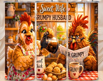 Dulce esposa, marido gruñón, divertido gallo, diseño de sublimación sin costuras para vaso de 20 oz, descarga digital.