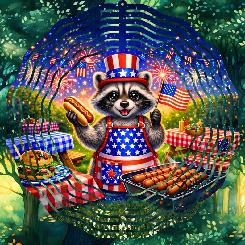 Mapache patriótico estadounidense, barbacoa, fuegos artificiales, EE. UU., molinillo de viento de 12 pulgadas, diseño de sublimación, descarga digital. imagen 3