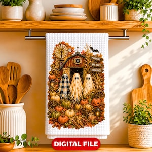 Fall Ghost Farm Tea Towel Design Pumpkin Patch Autumn Kitchen Decor PNG Cute Halloween Barn Sublimation Artwork