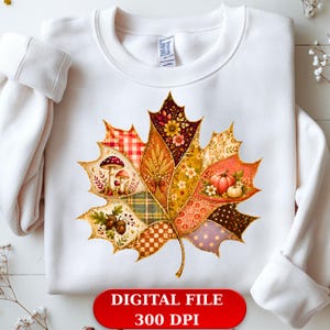 Herbstliches Patchwork-T-Shirt-Design mit Ahornblatt, Boho-Stil, PNG-Datei, Thanksgiving-Blumenmuster und Kürbis-Sublimationsgrafik