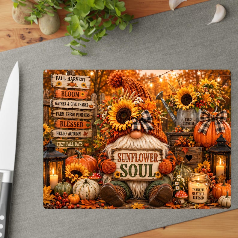 May include: A rectangular glass cutting board featuring a gnome wearing a burnt orange hat with a sunflower, holding a sign that reads Sunflower Soul. The scene includes pumpkins, sunflowers, lanterns, and a signpost with fall-themed text.