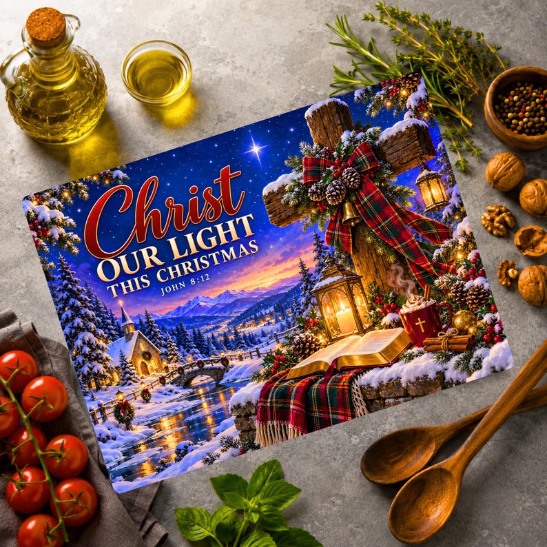 Scene Cutter Clacking Christian Christmas Cutting Board PNG Christ Our Light John 8:12 Bible ...