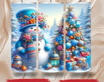 Christmas Tree Winter Snowman Pastel 20 OZ Skinny Tumbler Sublimation Design Digital Download