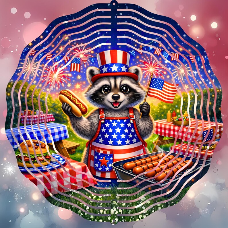 Puede incluir: Una decoraci&oacute;n circular caprichosa con un mapache vestido con atuendo patri&oacute;tico, sosteniendo un perrito caliente y una bandera estadounidense. El mapache lleva un delantal con estrellas y un sombrero del T&iacute;o Sam, con una escena de picnic en el fondo.