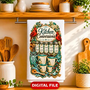 May include: A white waffle-weave kitchen towel featuring a colourful graphic with the text Kitchen Conversions, illustrations of red cardinals, mason jars, measuring cups, and floral accents. The design includes conversion charts for cooking.