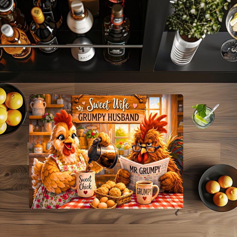 Peut inclure: Un tapis de cuisine rectangulaire illustr&eacute; de deux poulets. L'un porte un tablier &agrave; fleurs et verse du caf&eacute; dans une tasse marqu&eacute;e Sweet Chick. L'autre porte des lunettes et lit un journal intitul&eacute; MR GRUMPY sur un fond de cuisine.