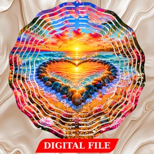 May include: A vibrant, layered artwork featuring a heart-shaped arrangement of stones on a beach, with a sunset over the ocean. The design incorporates a digital file label and a decorative, layered frame with floral and wave patterns.