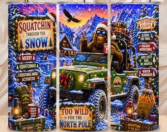 Vaso con diseño de Bigfoot de nieve, Navidad, Sasquatch, Aventura invernal, 20 oz, PNG sin costuras, descarga digital