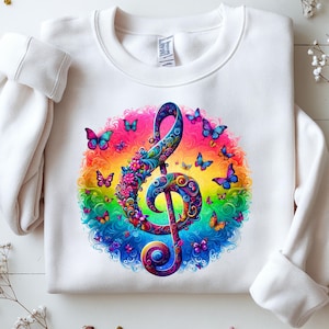 Camiseta con nota musical vibrante, diseño de sublimación, mariposa digital colorida, flores, música, clave de sol