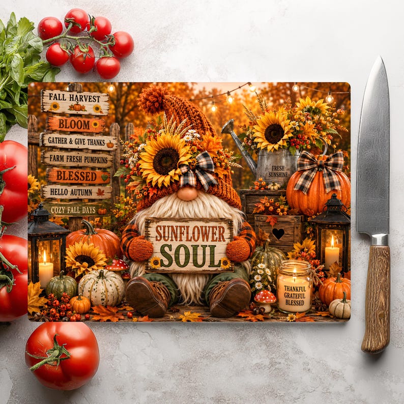 May include: A rectangular glass cutting board featuring a gnome wearing an orange hat with sunflowers, holding a sign that reads SUNFLOWER SOUL. The design includes pumpkins, lanterns, a watering can, and a wooden sign with autumn-themed text.
