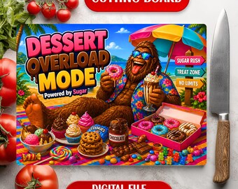 Diseño digital de sublimación con tabla de cortar y vaso divertido para postres de Bigfoot en la playa de verano.