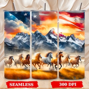 Running Horses 20 OZ Skinny Tumbler Wrap Seamless & Straight Sublimation Design Digital Download Country West Freedom America Flag USA