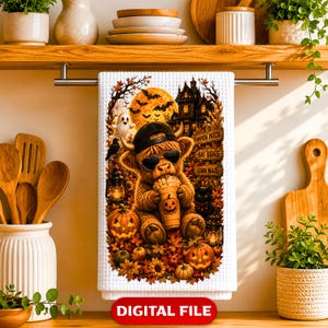 May include: A white waffle-weave kitchen towel featuring a graphic of a Highland cow wearing a baseball cap and heart-shaped sunglasses, holding a pumpkin-themed drink. The scene includes a haunted house, pumpkins, bats, and a sign reading PUMPKIN PATCH, HAY RIDES, CORN MAZE.