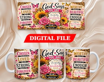 Diseño digital para sublimación de tazas con diseño de girasol cristiano de 11 y 15 oz. Descarga digital. Dios dice que eres inspirador (PNG).