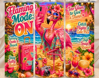 Diseño de sublimación sin costuras para vaso de 20 oz con estampado de flamencos veraniegos y playa tropical. Descarga digital.
