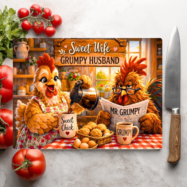 Peut inclure: Une planche &agrave; d&eacute;couper rectangulaire illustr&eacute;e de deux poulets dans une cuisine. L'un verse du caf&eacute; dans une tasse marqu&eacute;e Sweet Chick, l'autre lit un journal intitul&eacute; Mr. Grumpy. Le texte indique Sweet Wife GRUMPY HUSBAND.
