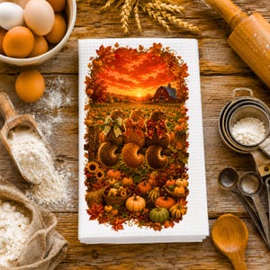 May include: A white waffle-weave kitchen towel featuring a central rectangular print of three squirrels sitting on a fence in front of a red barn at sunset, surrounded by a border of autumn leaves, pumpkins, sunflowers, and gourds.