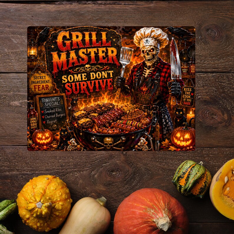 May include: A rectangular metal sign featuring a skeleton chef in a red plaid shirt and apron, holding a spatula and a knife. The text reads GRILL MASTER SOME DON'T SURVIVE, SECRET INGREDIENT FEAR, and TONIGHT'S SPECIAL SMOKED RIBS CHARRED BURGERS REGRET.