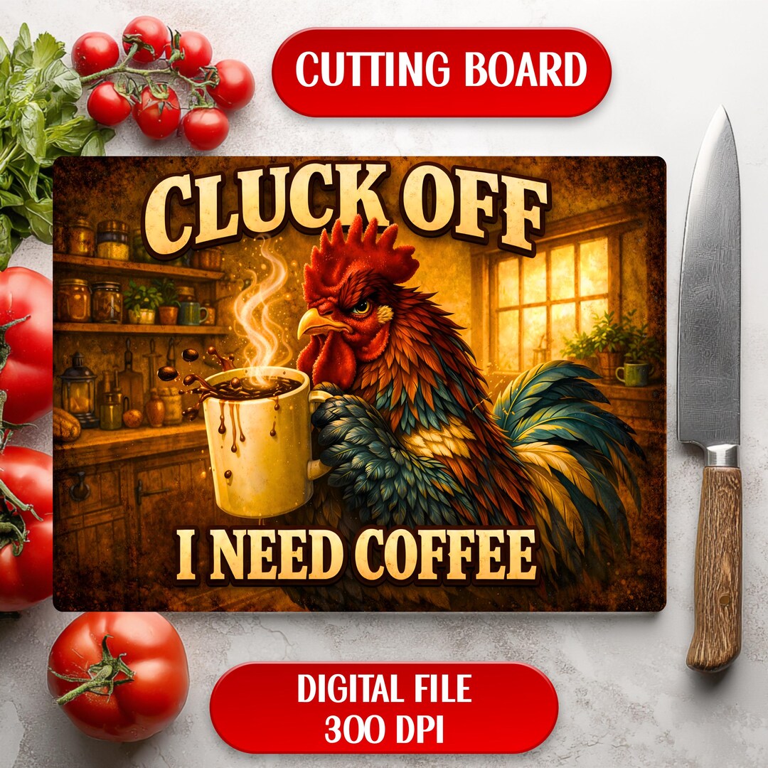 Funny Rooster Cutting Board Sublimation Design Cluck off I Need Coffee ...