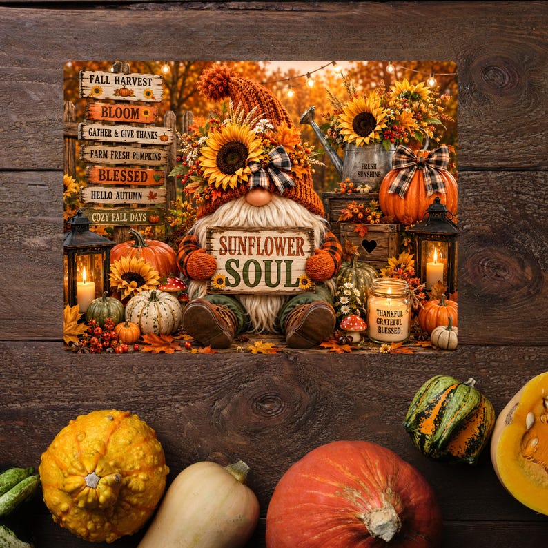 May include: A gnome wearing an orange knit hat with a sunflower and plaid bow, holding a sign that reads SUNFLOWER SOUL. The scene includes a wooden signpost with fall phrases, pumpkins, sunflowers, lanterns, and a jar labeled THANKFUL GRATEFUL BLESSED.