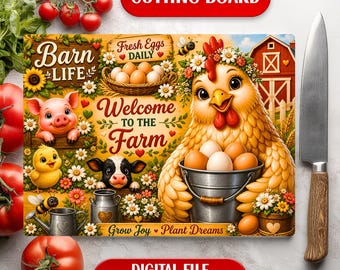 Tabla de cortar de vidrio con diseño de sublimación de animales divertidos y rústicos de granja: gallina. Descarga digital.