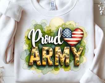 Proud Army Watercolor America Flag Heart Patriotic Veteran Camo Sublimation Design Digital Download