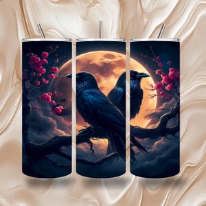 Gothic Raven Moon 20 OZ Skinny Tumbler Wrap| Seamless & Straight Sublimation| Halloween Full Moon Dark Bird| Blossom Night Floral Fantasy