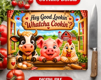 Hola, guapa, divertida tabla de cortar con diseño de animales de granja, ventana, cocina, vaca, cerdo, pollo, estilo rústico de granja, cocina, sublimación, descarga digital.
