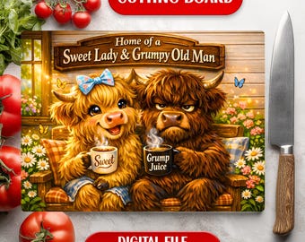 Dulce dama, viejo gruñón, divertida pareja de vacas de las Tierras Altas, tabla de cortar de vidrio con diseño de sublimación para granja (descarga digital)