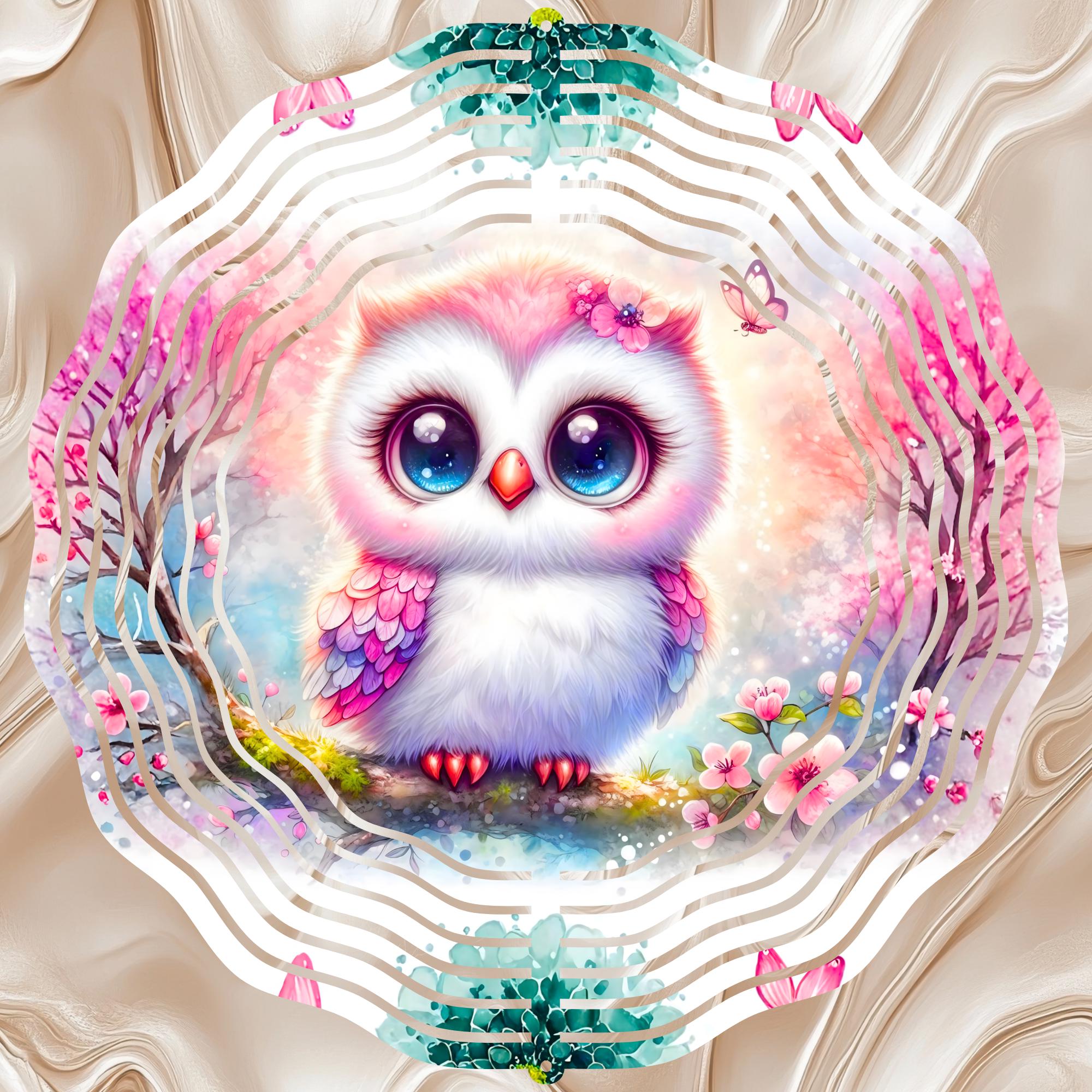 Pink Owl Coquette Pastel Nature Floral Trendy Spring  12' Wind Spinner Sublimation Design Digita