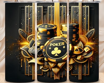Poker 20 OZ Skinny Tumbler Wrap Seamless & Straight Sublimation Design Digital Download Casino Chips Gambling Lover Luxury Black Gold