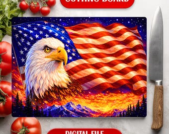 Tabla de cortar con águila patriótica y bandera estadounidense para cocina, diseño de sublimación para el 4 de julio en EE. UU., descarga digital.