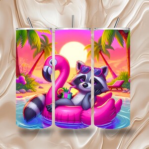Letni basen Szop 20 OZ Skinny Tumbler Wrap Sublimacja Projekt | Natychmiastowe pobranie | Uroczy plażowy flaming pływający Tumbler | Zabawny letni kolor