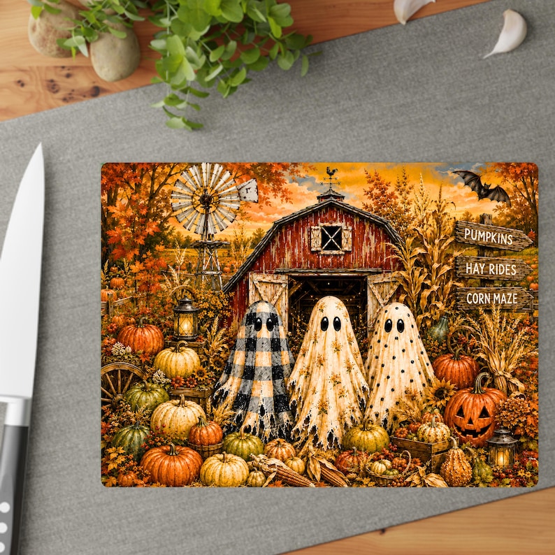 K&ouml;nnte beinhalten: Ein rechteckiges Glasschneidebrett mit einer herbstlichen Bauernhofszene und drei Geistern vor einer roten Scheune. Das Motiv zeigt K&uuml;rbisse, eine Windm&uuml;hle und ein Schild mit der Aufschrift PUMPKINS, HAY RIDES und CORN MAZE in Oranget&ouml;nen.