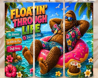 Diseño divertido de sublimación para vaso térmico de 20 oz, "Verano Bigfoot Playa Flotando por la Vida" (Descarga digital)