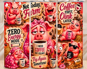Diseño digital para sublimación de vaso térmico sin costuras Funny Moods Pig Coffee de 20 oz.