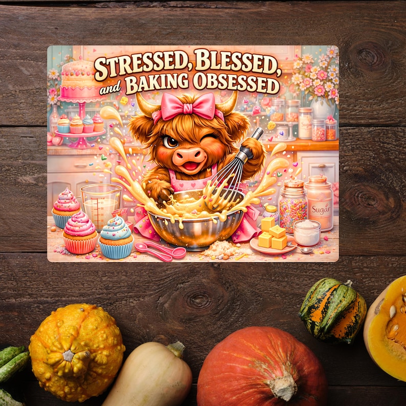 Baking Funny Highland Cow Messy Kitchen Glass Cutting Board Sublimation ...