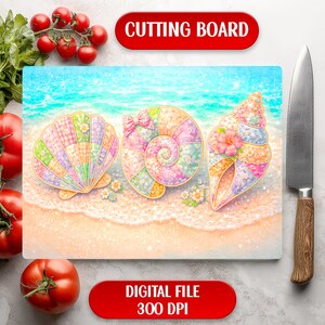 May include: A rectangular cutting board featuring a beach scene with three colorful seashell designs. The seashells are in pastel colors and have a patchwork quilt appearance. The words "CUTTING BOARD" and "DIGITAL FILE 300 DPI" are displayed.