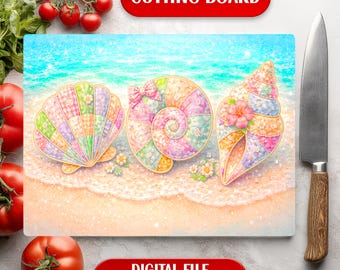 Tabla de cortar de vidrio con diseño de sublimación, estilo patchwork, conchas marinas y motivos oceánicos veraniegos. Descarga digital.