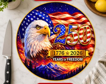 Tabla de cortar redonda con diseño de sublimación del águila patriótica de Estados Unidos, 250 aniversario de Estados Unidos. Descarga digital.