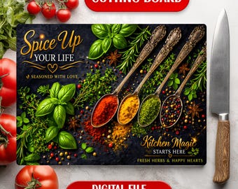 Spices Herbs Kitchen Spice Up Your Life Glass Cutting Board Sublimation Design Digital Download