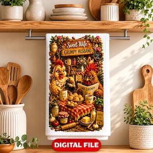 May include: A white waffle-textured kitchen towel featuring a colorful illustration of two chickens at a table with the text Sweet Wife Grumpy Husband. The scene includes coffee mugs labeled Sweet Chick and Grumpy, a newspaper, and various kitchen items.