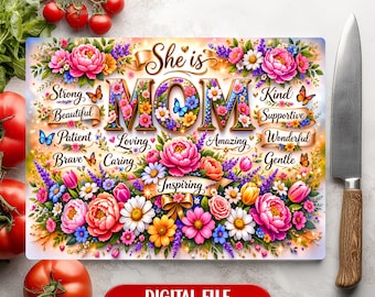 Ella es mamá. Diseño floral para el Día de la Madre. Las mejores frases. Tabla de cortar de vidrio con diseño de sublimación. Descarga digital.