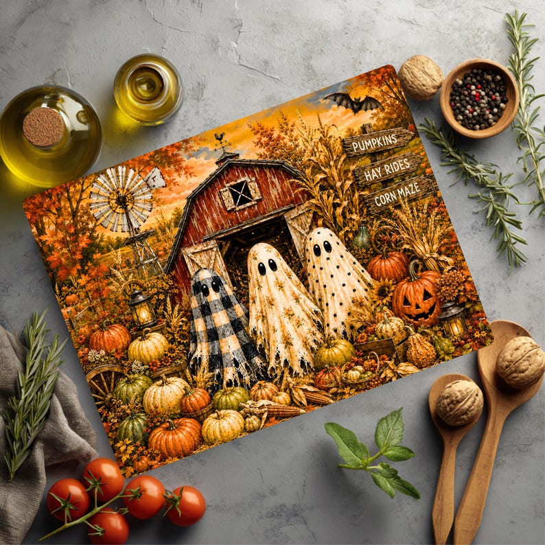 K&ouml;nnte beinhalten: Ein rechteckiges Glasschneidebrett mit einer herbstlichen Bauernhofszene und drei Geistern vor einer roten Scheune. Das Bild zeigt K&uuml;rbisse, eine Windm&uuml;hle und ein Holzschild mit der Aufschrift PUMPKINS, HAY RIDES und CORN MAZE.