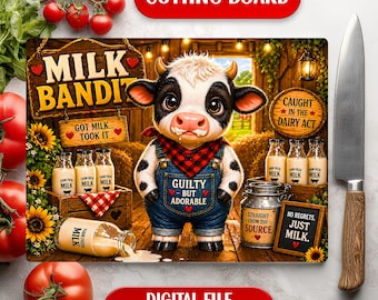Tabla de cortar con diseño de vaca rústica y divertida "Bandido de la Leche" para sublimación (descarga digital)