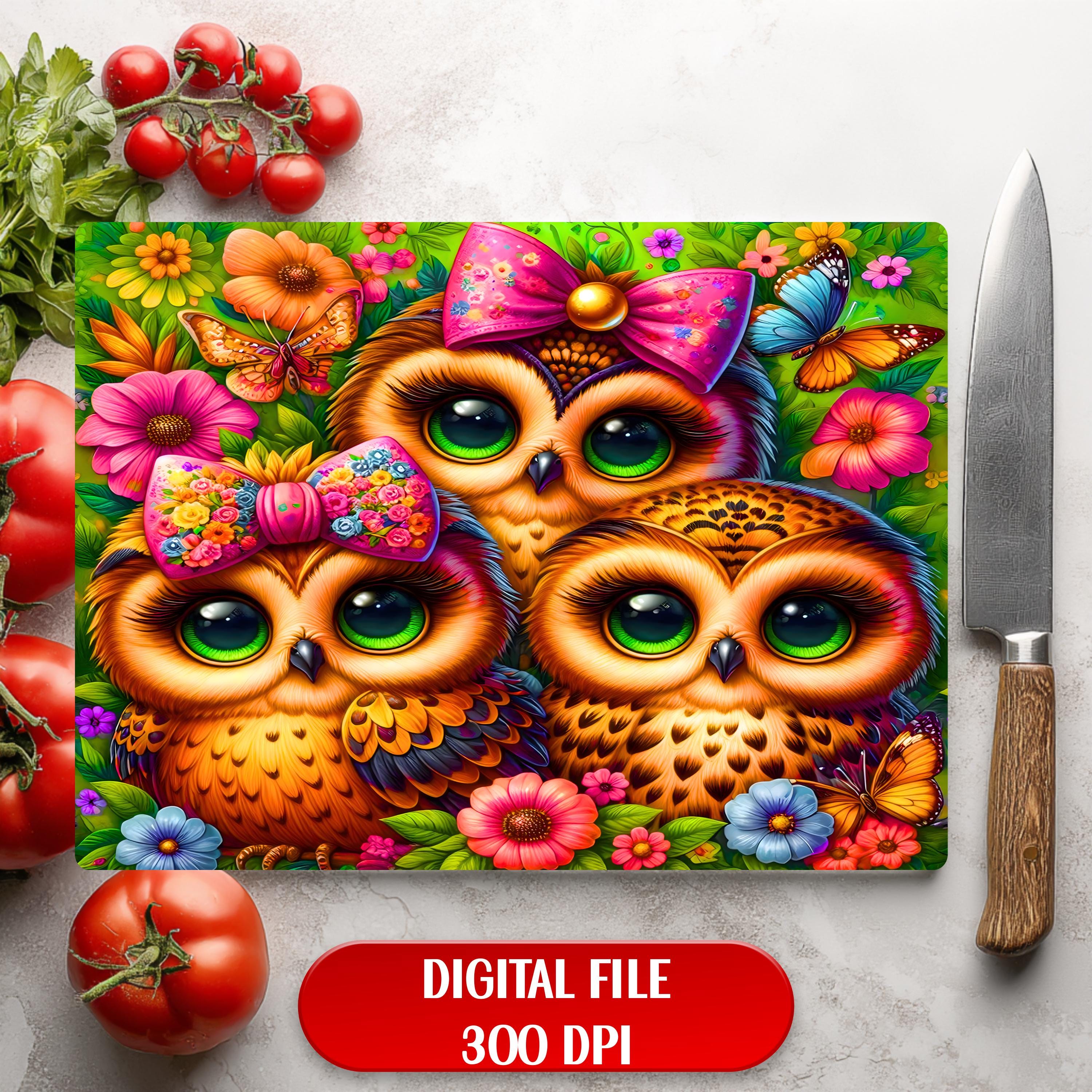 Spring Floral Cute Owls Coquette Bow Glass Cutting Board Sublimation Design Digital Download